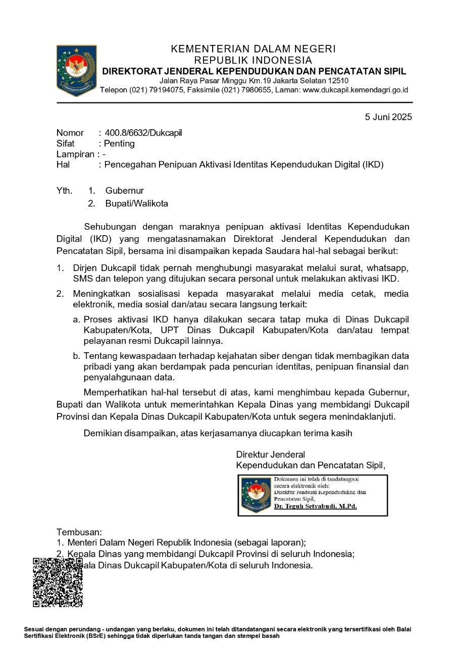 Surat edaran mengenai pencegahan Aktivasi Identitas Kependudukan Digital (IKD)